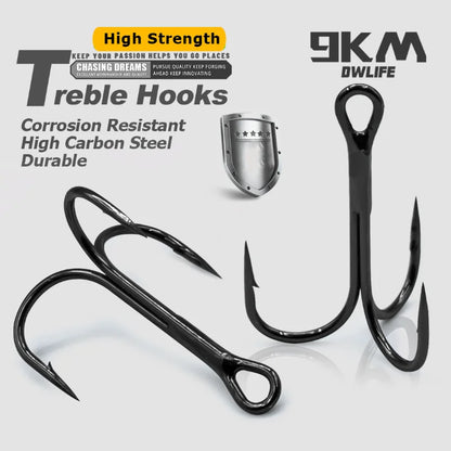 9KM High Carbon Steel Treble Fishing Hooks – Barbed Triple Hooks for Hard Lures & Saltwater Fishing