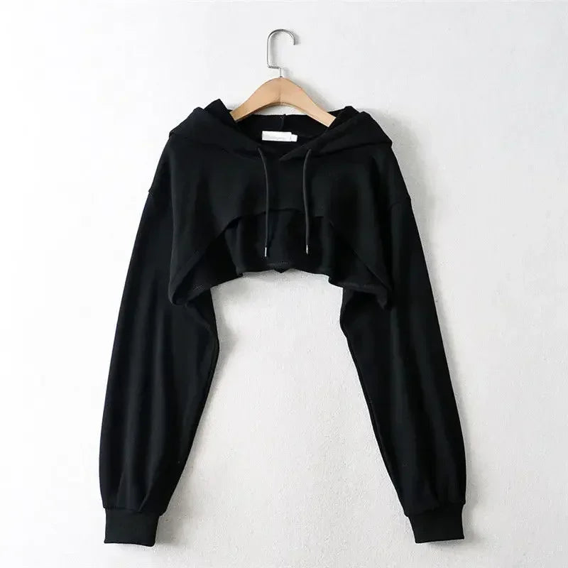 Women’s Irregular Crop Hoodie – Ultra-Short Y2K Style Long Sleeve Sweatshirt