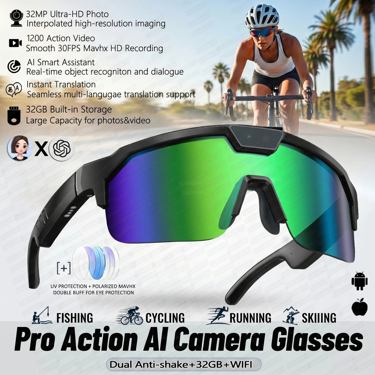 AI Smart Sports Camera Glasses - HD Anti-Shake Recording Sunglasses for Cycling, Riding & Outdoor Activities