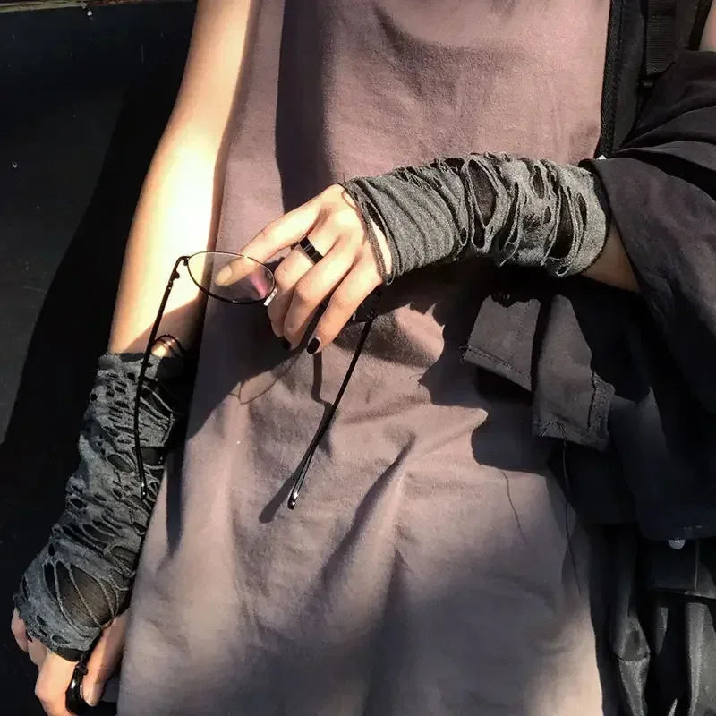 Gothic Fingerless Tear Gloves - Unisex Stretchy Fashion Gloves for Party & Cosplay Wear