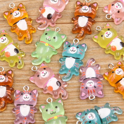 Cartoon Cat Resin Charms - 10-Piece 3D Luminous Animal Pendants for DIY Bracelets & Necklaces