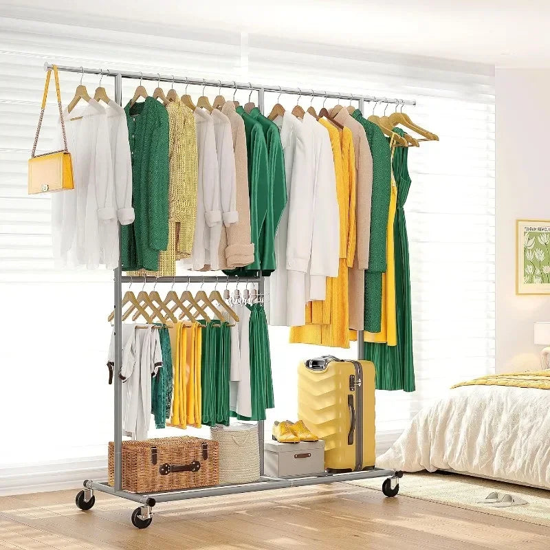 Heavy Duty Rolling Clothing Rack – Portable Clothes Hanger with Wheels for Walk-In Closets