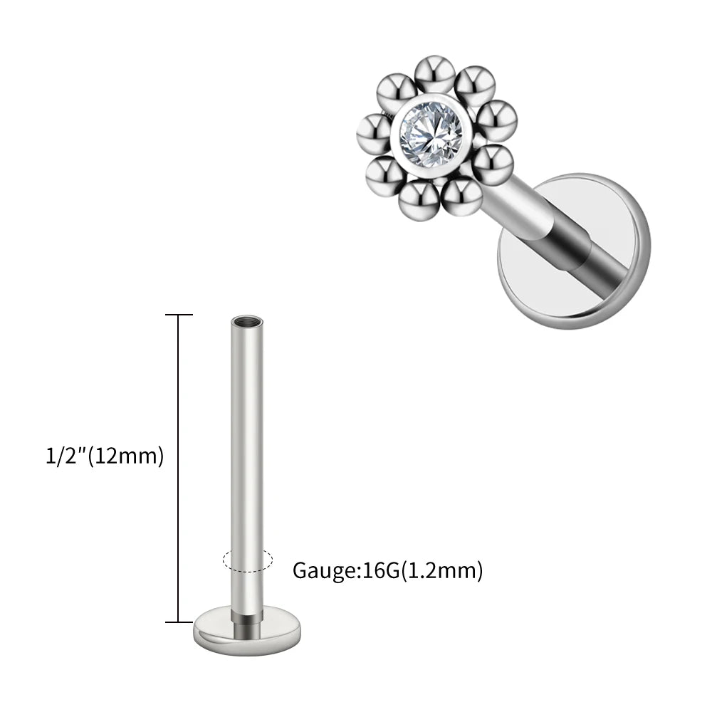 Right Grand ASTM F136 Titanium 16G Mini Beaded Sun Labret Stud CZ Flower – Tragus, Helix, Conch & Nose Piercing Body Jewelry