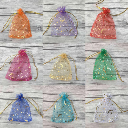 50PCS Moon & Stars Organza Drawstring Bags – Gold Star Jewelry Gift Pouches for Christmas, Weddings & Favors
