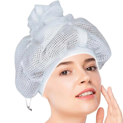 Reusable Mesh Plopping Bonnet — Adjustable Hair Drying Hood with Drawstring