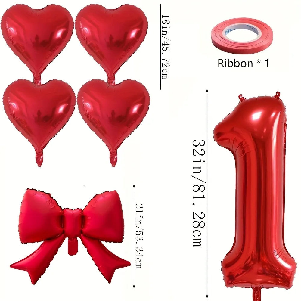 Red Heart Foil Balloons Set - 6PCS Birthday Wedding Anniversary Decoration with 32 Inch Numbers & Tassel Bows