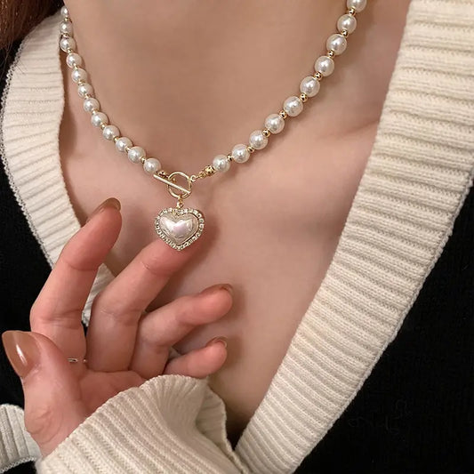 Elegant Pearl Necklace for Women – Heart Pendant Luxury Imitation Pearls Chain, Korean Jewelry Gift for Girls