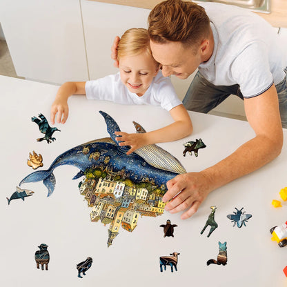 Artisan Whale Castle Wooden Puzzle – Handcrafted Animal Village & Marine Wall Art, Intermediate Family Game