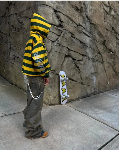 Men's Striped Zip-Up Hoodie - Retro American Streetwear Sweatshirt with Rivet Details