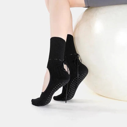 Elegant Mid-Calf Yoga Socks – Anti-Slip Backless Pilates & Dance Fitness Socks with Drawstring Bowknot Design