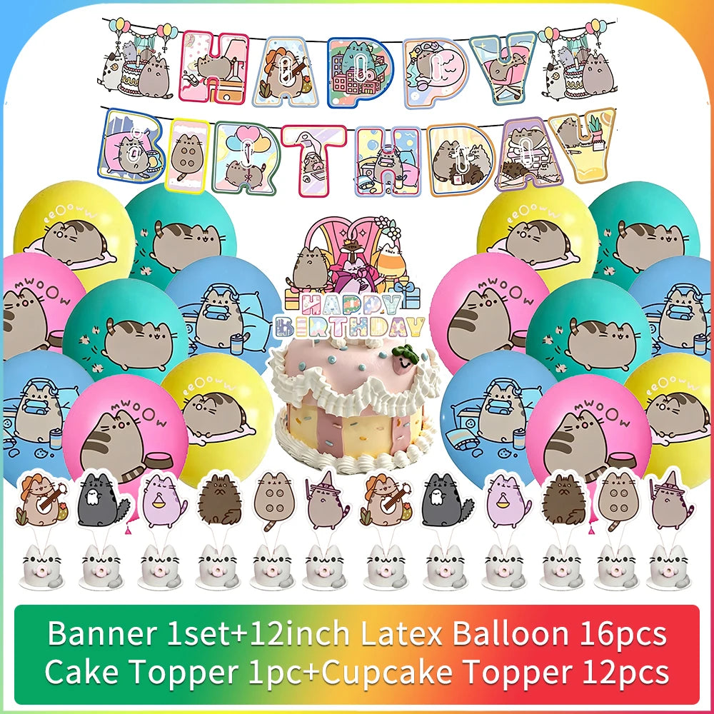 Cute Cat Birthday Party Decorations - Kawaii Balloon Set, Cake Toppers, Bunting Banner, and Party Backdrop Supplies