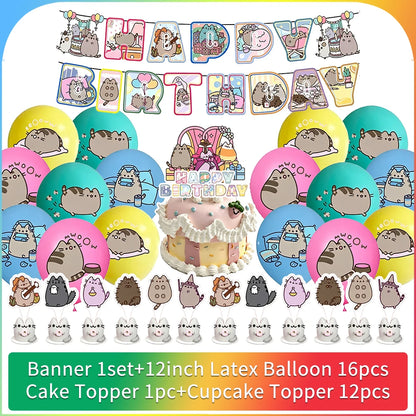 Cute Cat Birthday Party Decorations - Kawaii Balloon Set, Cake Toppers, Bunting Banner, and Party Backdrop Supplies