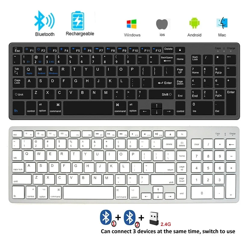 Wireless Bluetooth 5.0 & 2.4G Keyboard – 102-Key English Rechargeable USB-C Keyboard for MacBook, iPad, Tablet & PC Accessories