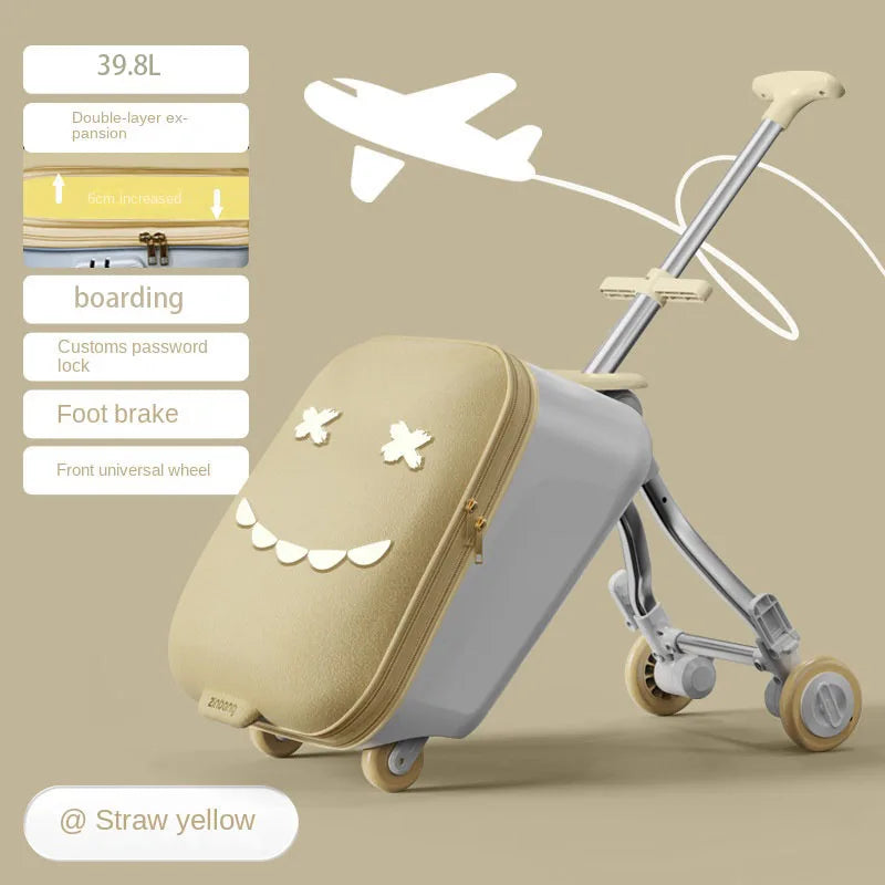 Children's Ride-On Luggage with Brake Wheels – Foldable Trolley Suitcase for Baby, Cabin Carry-On Travel Case