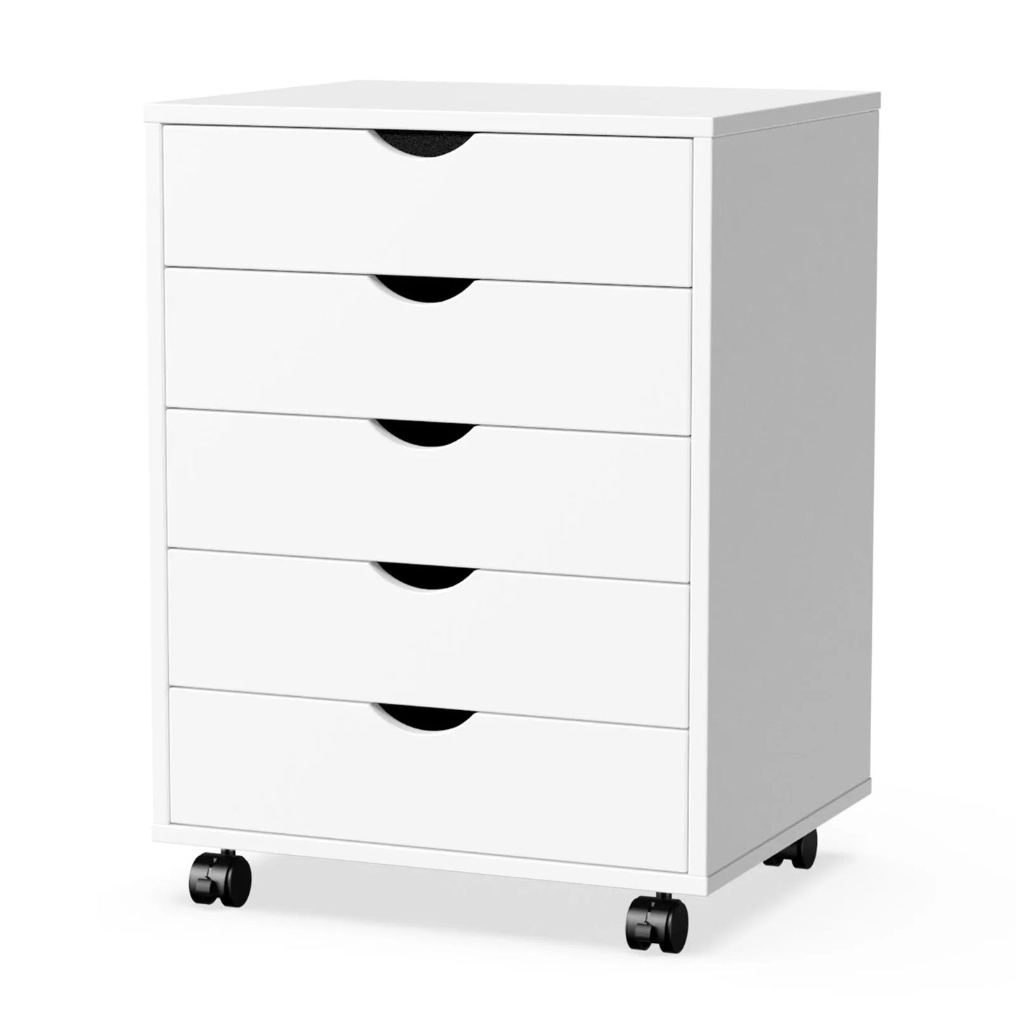 Wood Nightstand Cabinet with 5 Drawers – Waterproof Surface Storage Organizer with Rotating Wheels, Easy-Move Bedside Table for Office