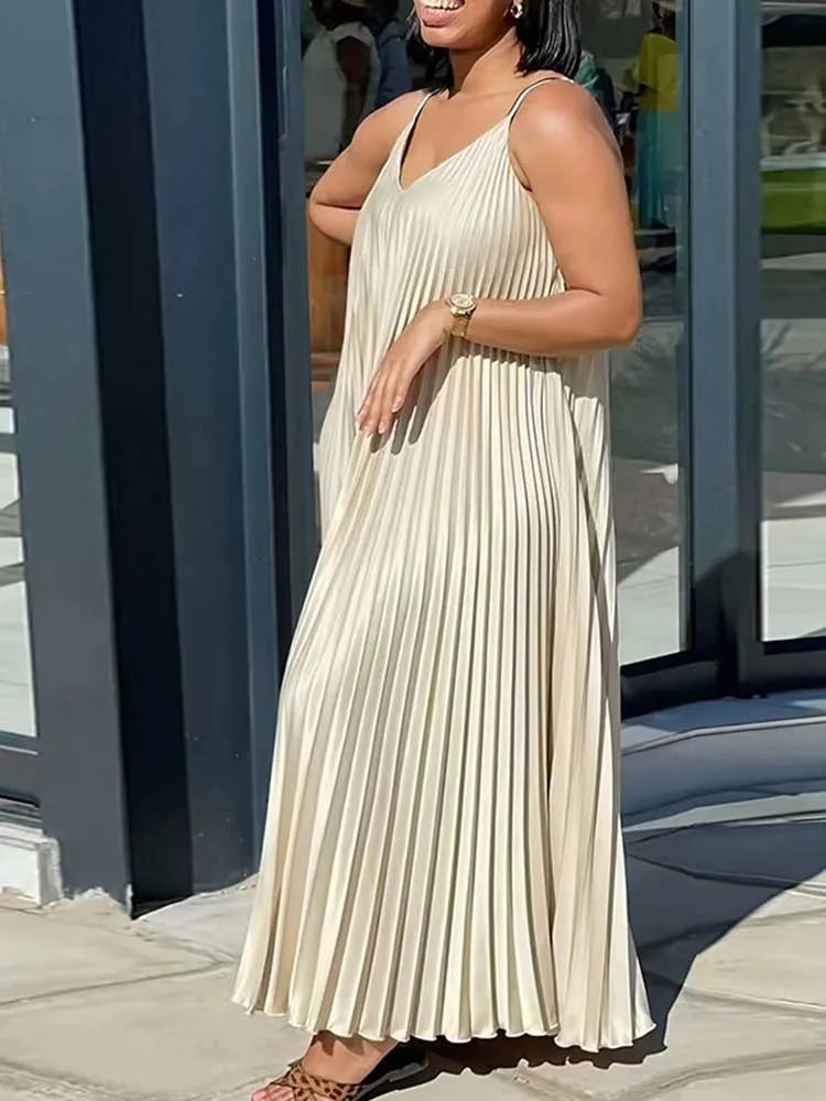Women’s Summer Sleeveless V-Neck Dress – Elegant Pleated Loose Long Dress, Thin Straps, Plus Size