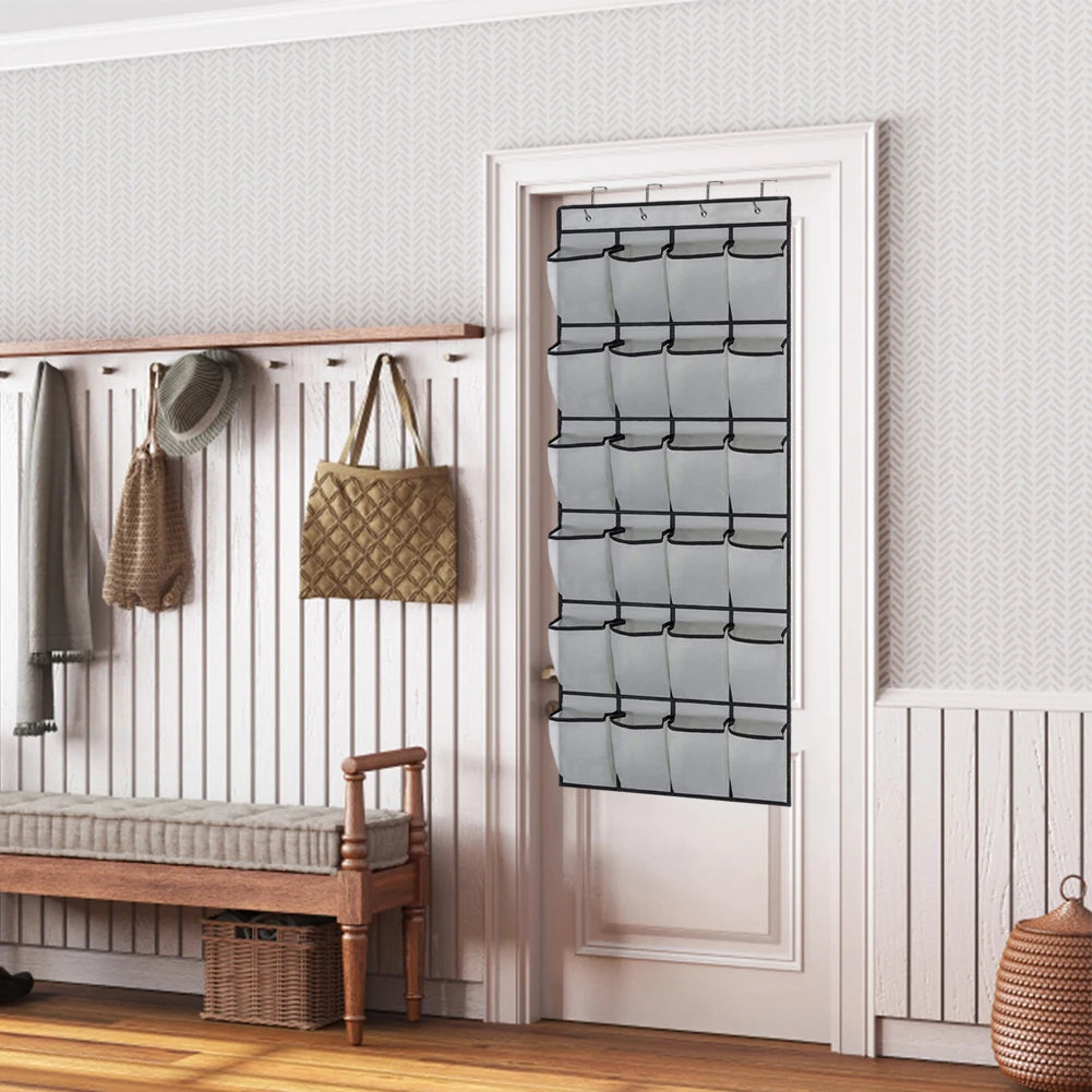 24-Pocket Clear-View Hanging Shoe Organizer with 4 Metal Hooks — Over-the-Door Wall Storage Bag