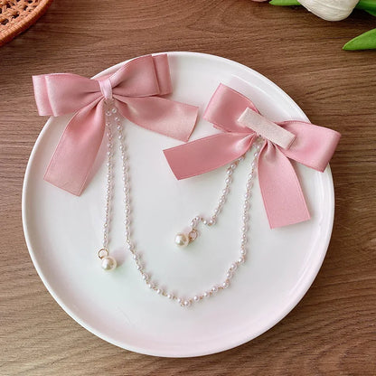 Sweet Princess Pink Pearl Bow Hair Clip – Cute Chain Hairpin for Women & Girls Back Head Fashion Hair Accessories