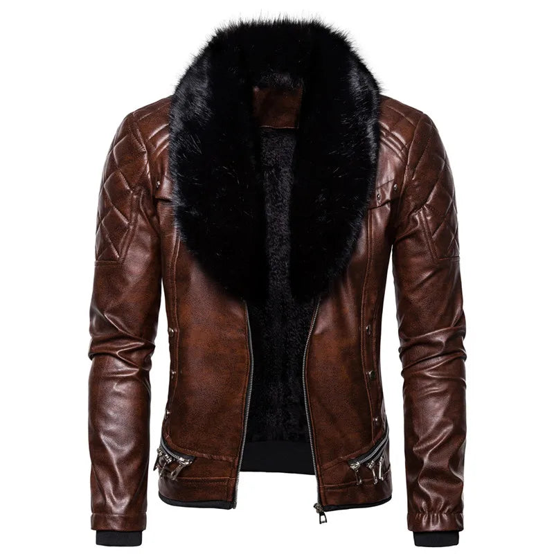 Men's Winter Fleece Motorcycle Jacket - Fur Collar Slim Fit Warm PU Leather Biker Bomber Coat
