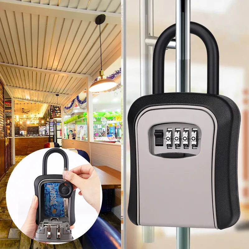 4 Digit Outdoor Password Key Box with Waterproof Steel Wire Hanging Hook - Free Installation & Extended Locking Storage