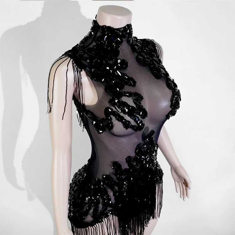 Sexy Shiny Silver Sequin & Black Spandex Jumpsuit — 2025 Women’s Prom, Dancer & Stage Performance Costume