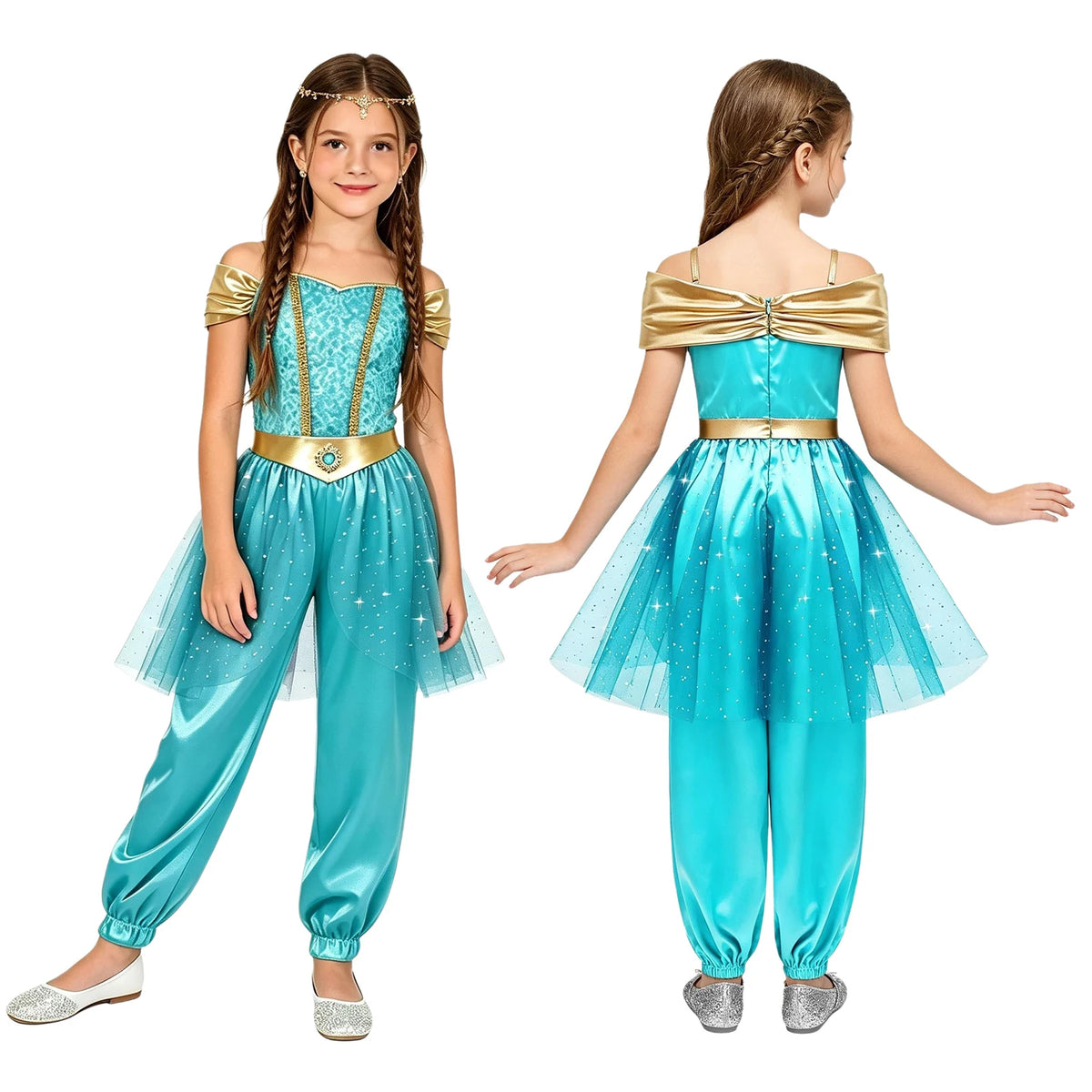 Girls Arabian Princess Costume - Metallic Sequin Bodice Tulle Satin Jumpsuit for Halloween, Carnival & Dance Performances