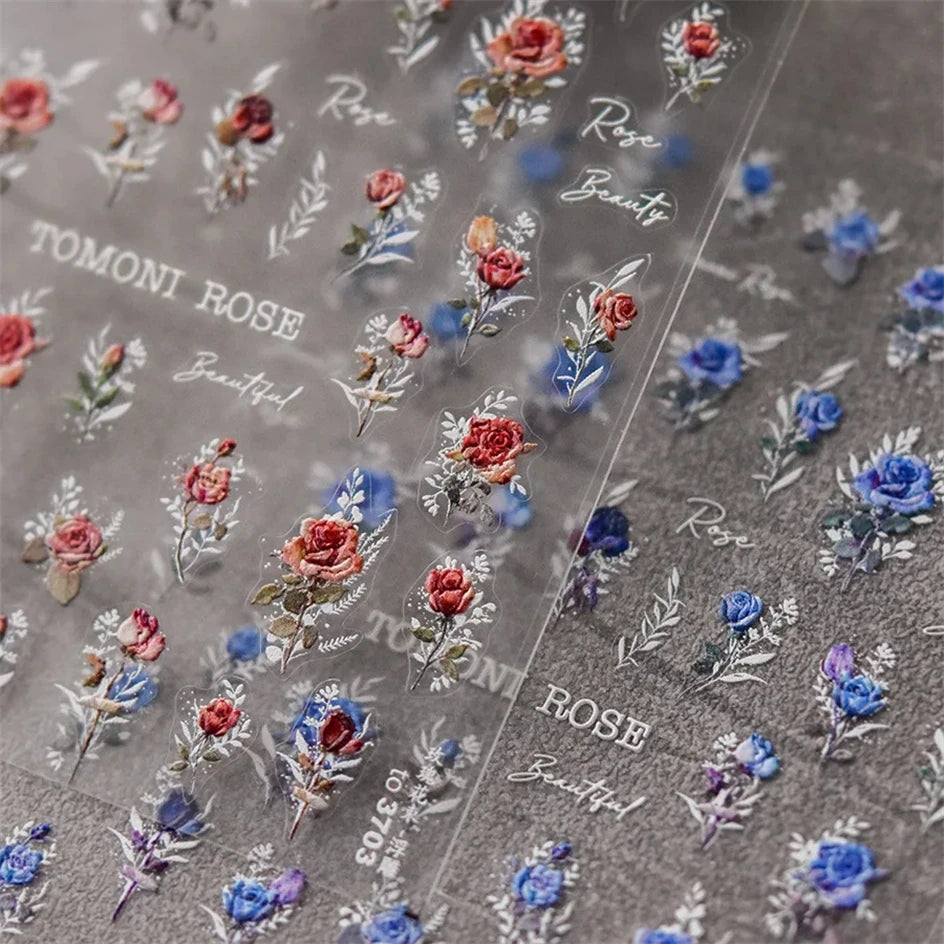 Vintage Rose Flower Nail Stickers – Red & Blue Laser Gold/Silver Nail Art Decals for Manicure Design DIY Beauty Tool
