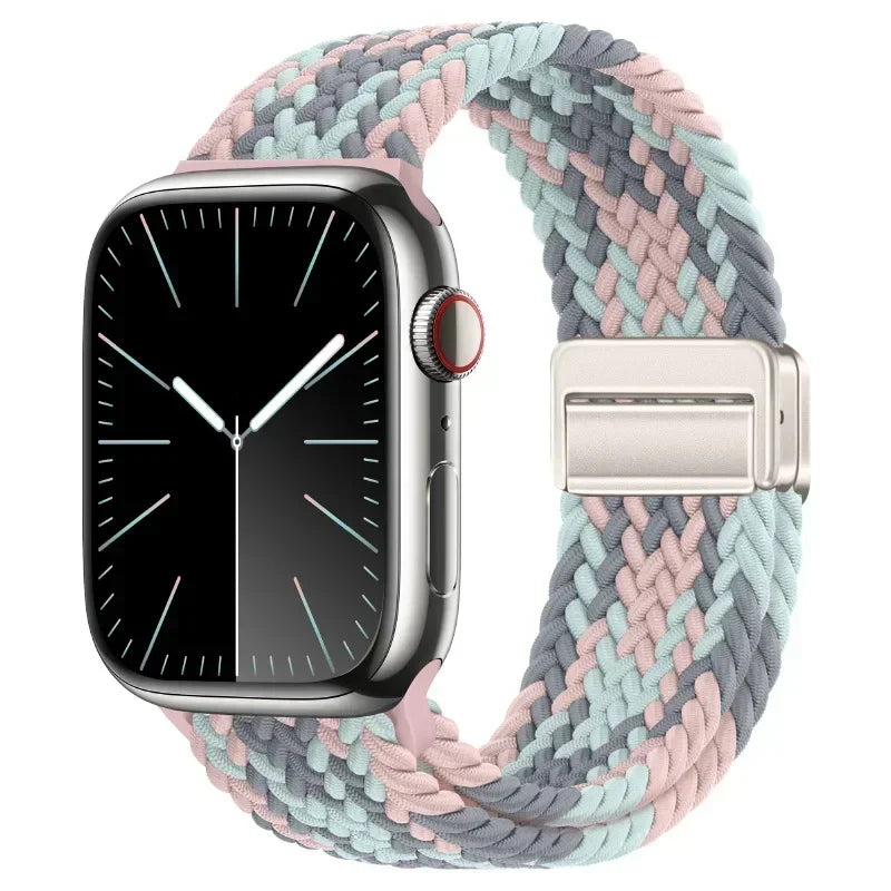 Nylon Braided Loop Apple Watch Band – Magnetic Metal Bracelet Strap for Ultra 2, Series 3–9 & SE (40mm–49mm) Adjustable Wristband