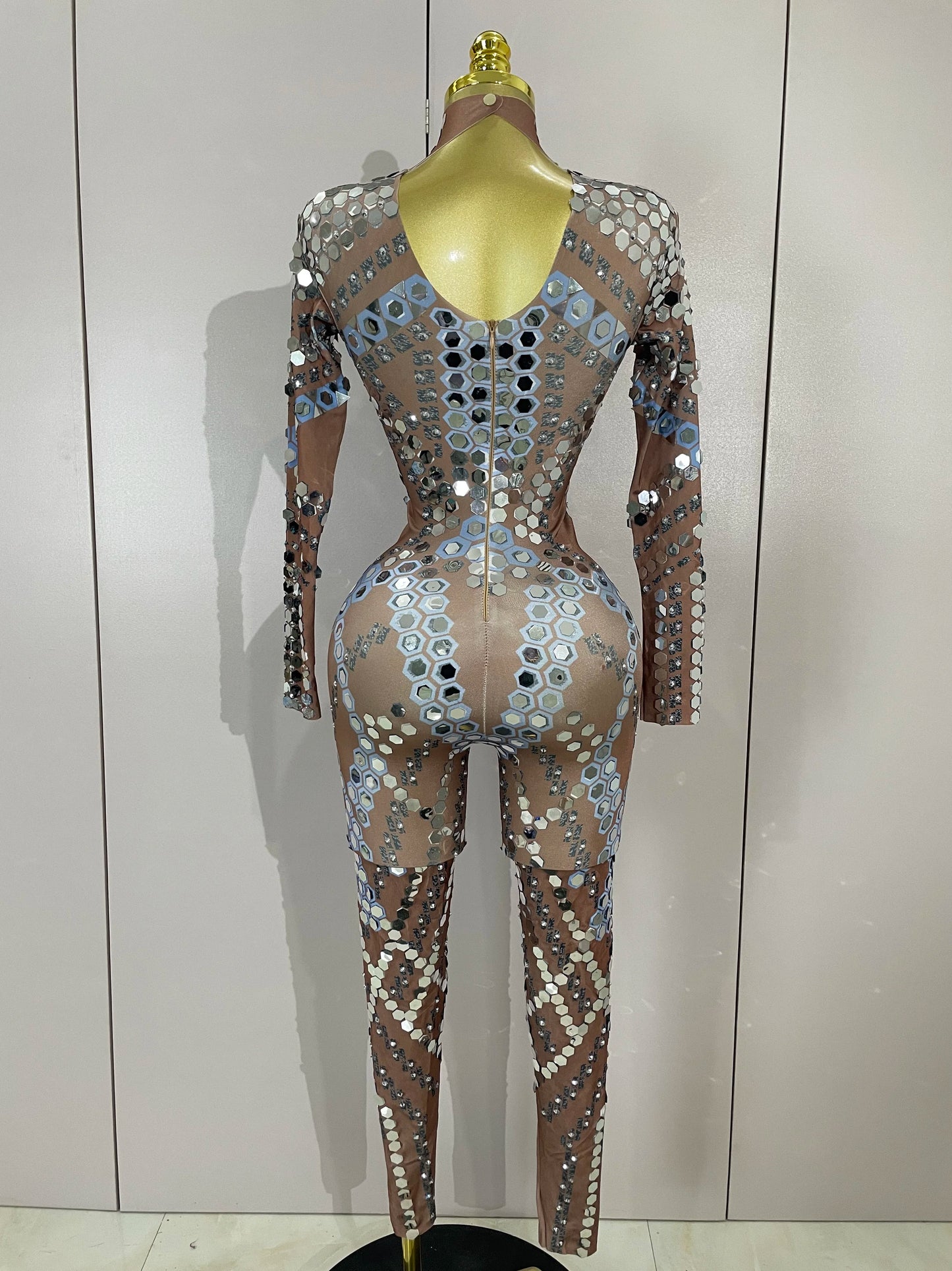 Sexy Shiny Silver Sequin & Black Spandex Jumpsuit — 2025 Women’s Prom, Dancer & Stage Performance Costume
