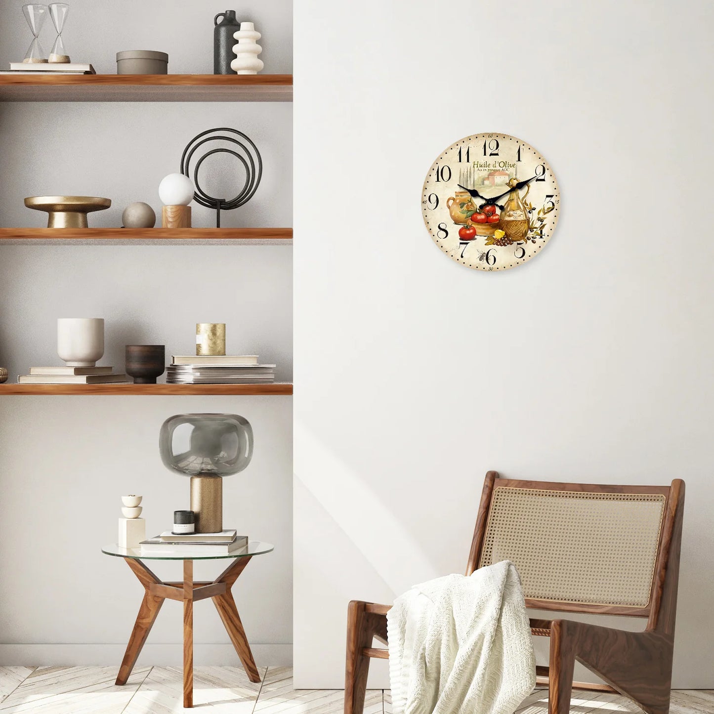 Retro Provence Wooden Wall Clock – Olive Oil & Tomato Pattern, Silent Quartz for Living Room, Bedroom, Kitchen | 10-16 Inch Home Decor, Holiday Gift (No Batteries)