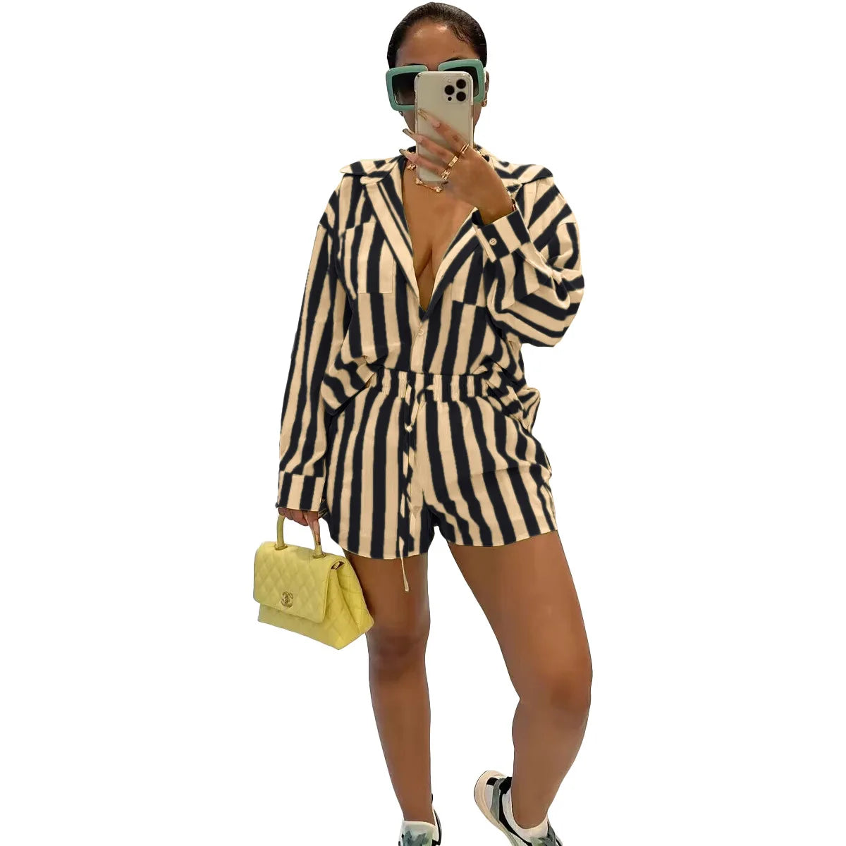 2025 Women’s Casual Striped Shorts & Long Sleeve Shirt Set – Spring Summer Office & Vacation Outfit