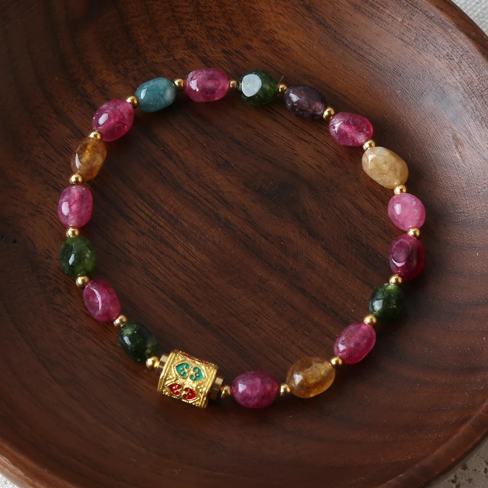 Bohemian Natural Tourmaline Beaded Necklace – Handmade with Stainless Steel Tibetan Pendant, Party Jewelry Gift