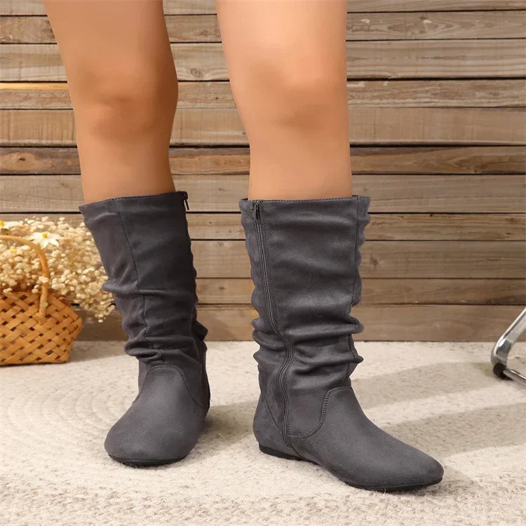 Women’s High-Top Casual Boots – Folded Zipper, Flat Bottom, Alligator Patterned Comfortable Footwear