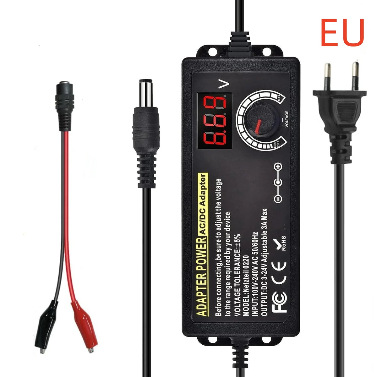 Adjustable AC to DC Power Supply - 3V–24V 3A Universal Laboratory Adapter with EU/US Plug and Alligator Clip