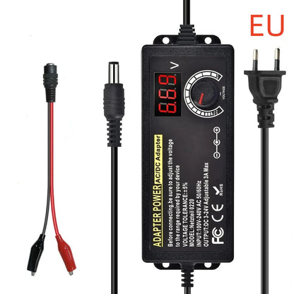 Adjustable AC to DC Power Supply - 3V–24V 3A Universal Laboratory Adapter with EU/US Plug and Alligator Clip