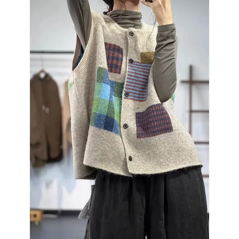 DIMANAF Plus Size Women’s Plaid Sleeveless Vest Sweater – Oversized Casual Loose Vintage Lady Knit Jumper Cardigan