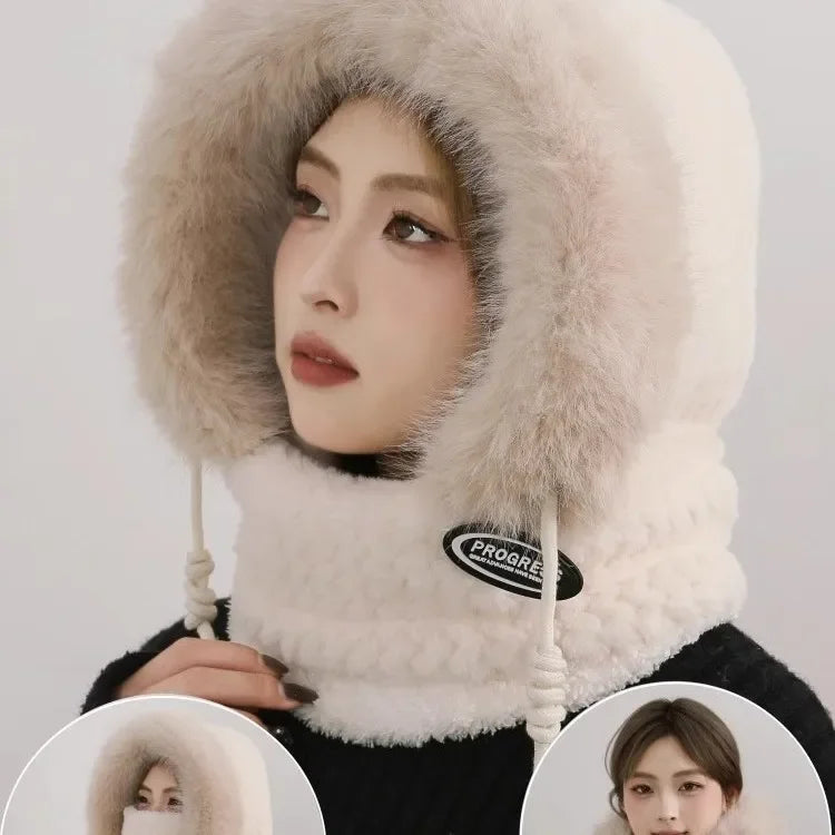 Women’s Winter Plush Hat with Hood & Scarf – Warm Thick Windproof Thermal Cap with Ear Protection for Outdoor Cycling & Riding