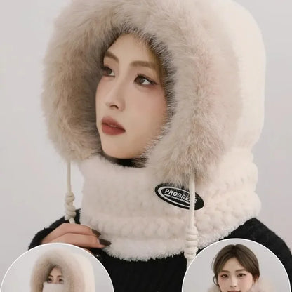 Women’s Winter Plush Hat with Hood & Scarf – Warm Thick Windproof Thermal Cap with Ear Protection for Outdoor Cycling & Riding