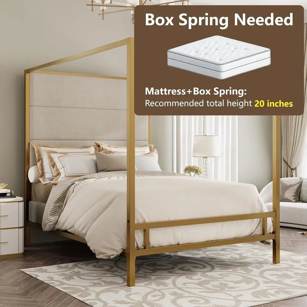 Modern King Size Canopy Bed Frame - Tall Linen Upholstered Headboard Metal 4-Poster Bed with Gold & Tan Design