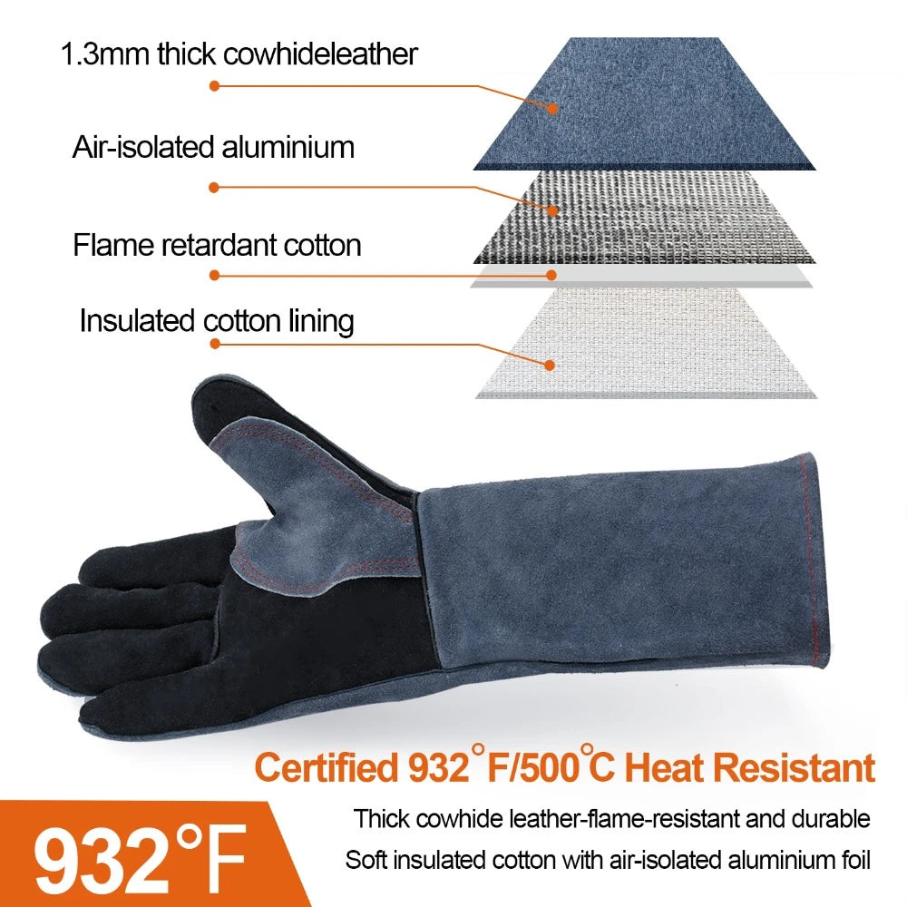 16-Inch Heat Resistant Welding Gloves – Thick Cow Split Leather Work Gloves for Welders, BBQ, Grill & Oven Use
