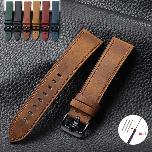 Calfskin Genuine Leather Watch Band – Black, Blue & Dark Brown Straps for Smartwatches, 18mm-24mm Accessories