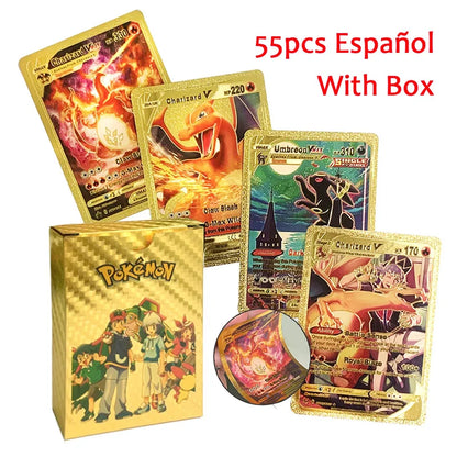 55-Piece Charizard Gold Foil Card Set - English & Spanish VMAX GX Collectible Trading Cards