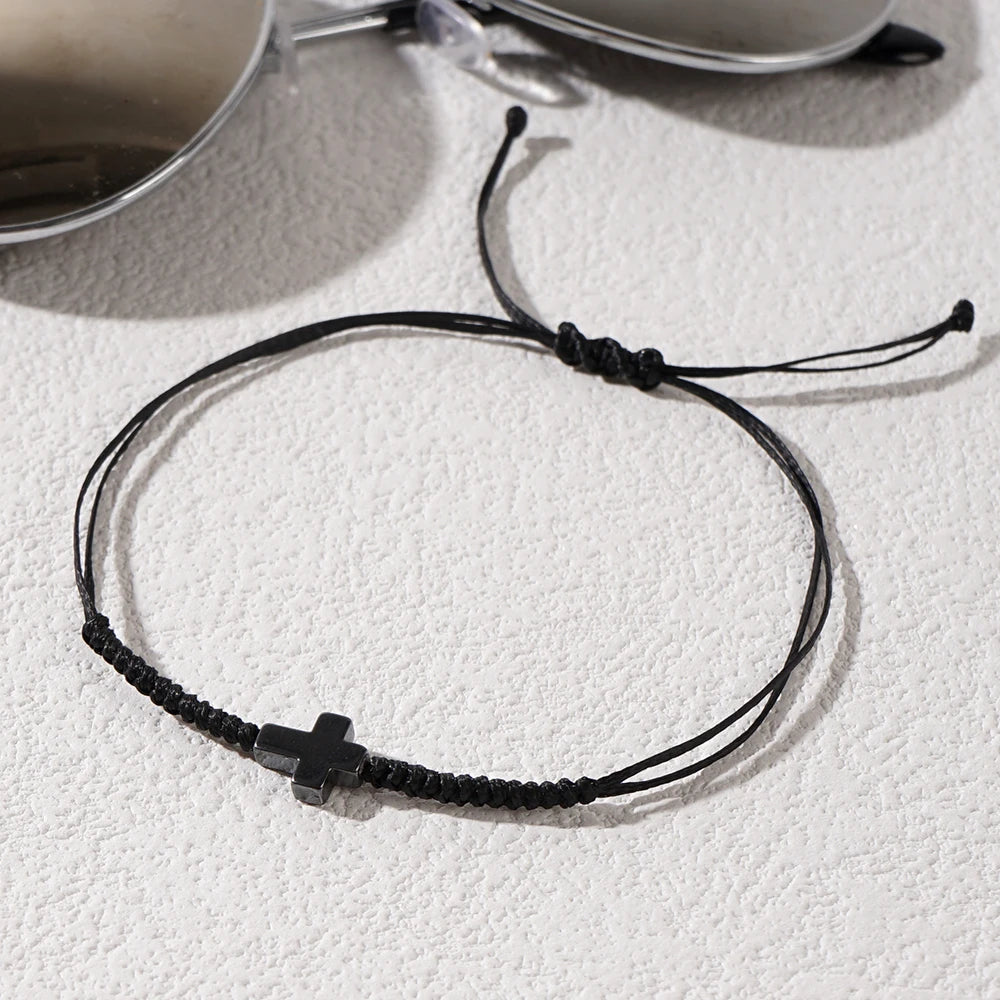 Minimalist Black Cord Cross Bracelet - Handcrafted Woven Protection Jewelry Gift for Men