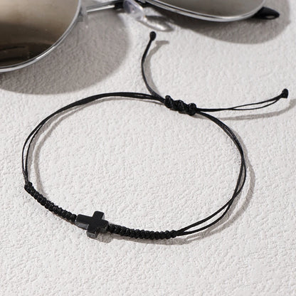 Minimalist Black Cord Cross Bracelet - Handcrafted Woven Protection Jewelry Gift for Men