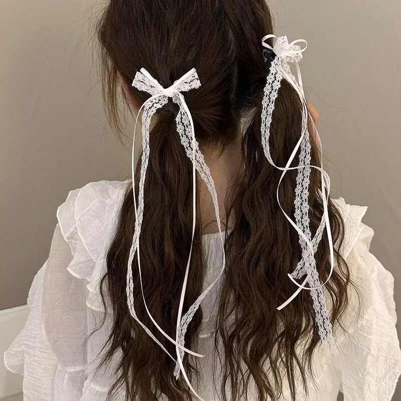 Korean Lace Cream White Bow Ribbon Hair Clip – Bullet Style Side Shredded Hairpin, Headpiece for Women, New Headwear