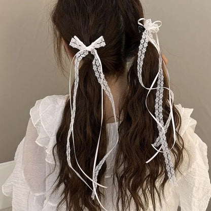 Korean Lace Cream White Bow Ribbon Hair Clip – Bullet Style Side Shredded Hairpin, Headpiece for Women, New Headwear