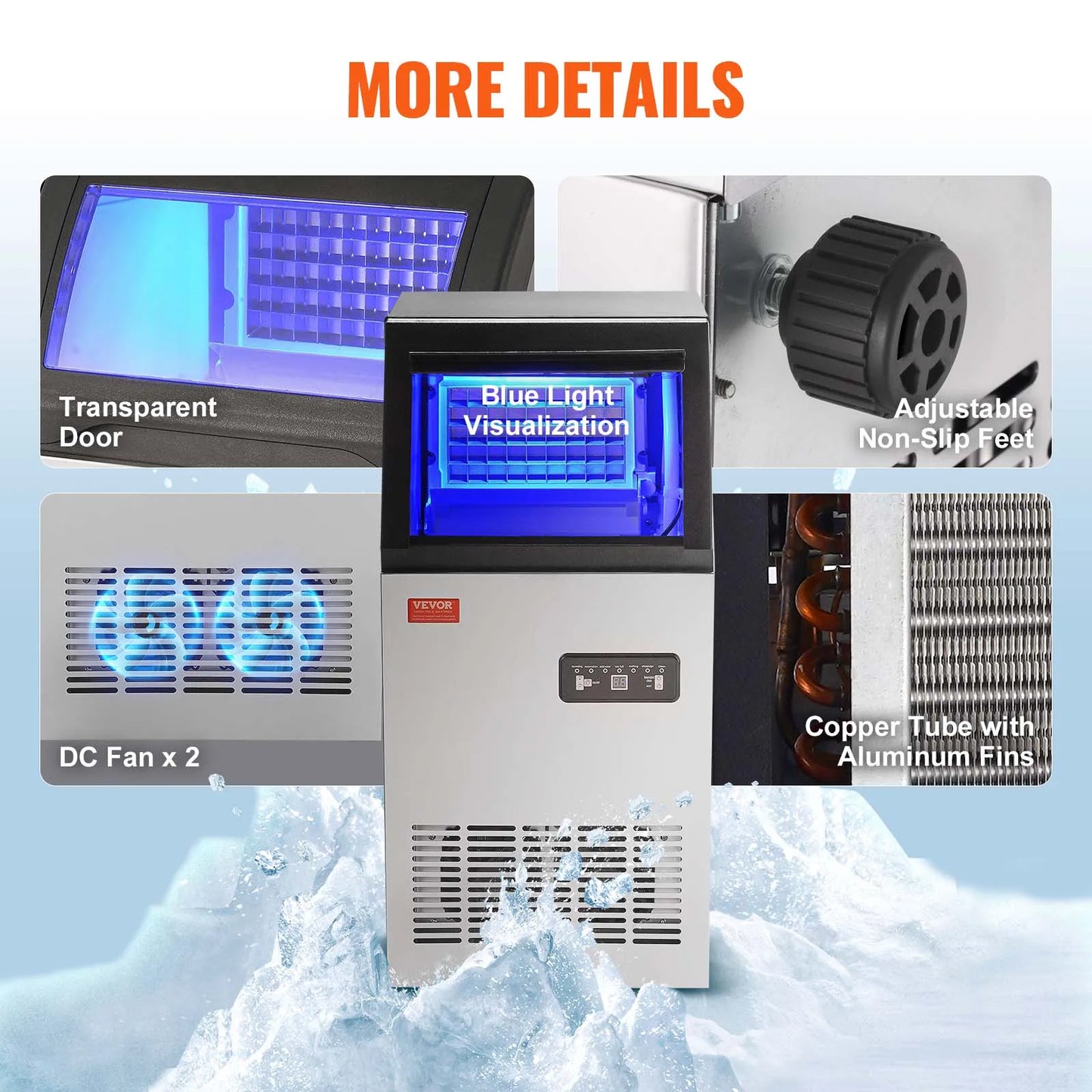 VEVOR Commercial Ice Maker – 100LB/24H, 45 Ice Cubes in 12-15 Mins, Freestanding with LED Display