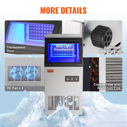 VEVOR Commercial Ice Maker – 100LB/24H, 45 Ice Cubes in 12-15 Mins, Freestanding with LED Display
