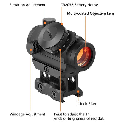 2MOA Red Dot Sight 1x25mm Reflex Scope – Waterproof, Shockproof, Fog-Proof with 1-Inch Riser Mount for Rifles
