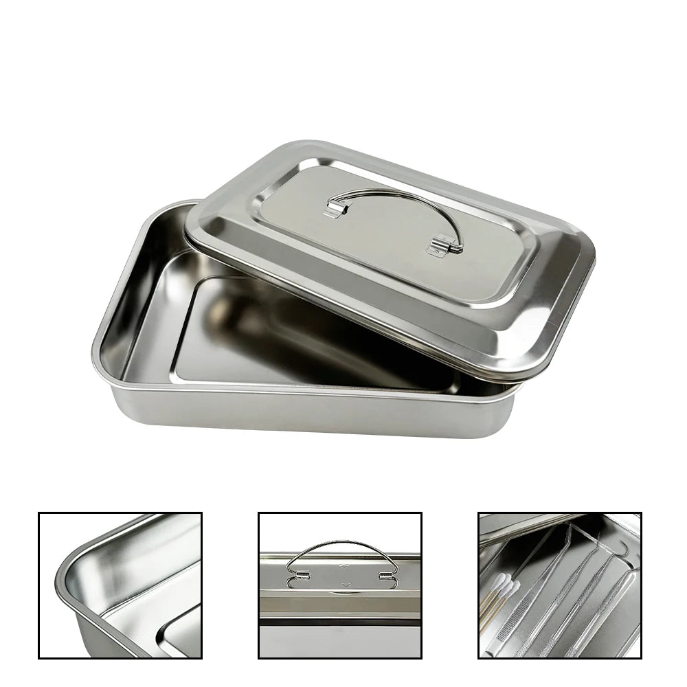 Stainless Steel Dental Instruments Tray with Lid – Surgical Sterilization & Disinfection Container
